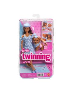 BARBIE TWINNING LOOKS tamsiaplaukės lėlės ir šunelio rinkinys (JFP38)